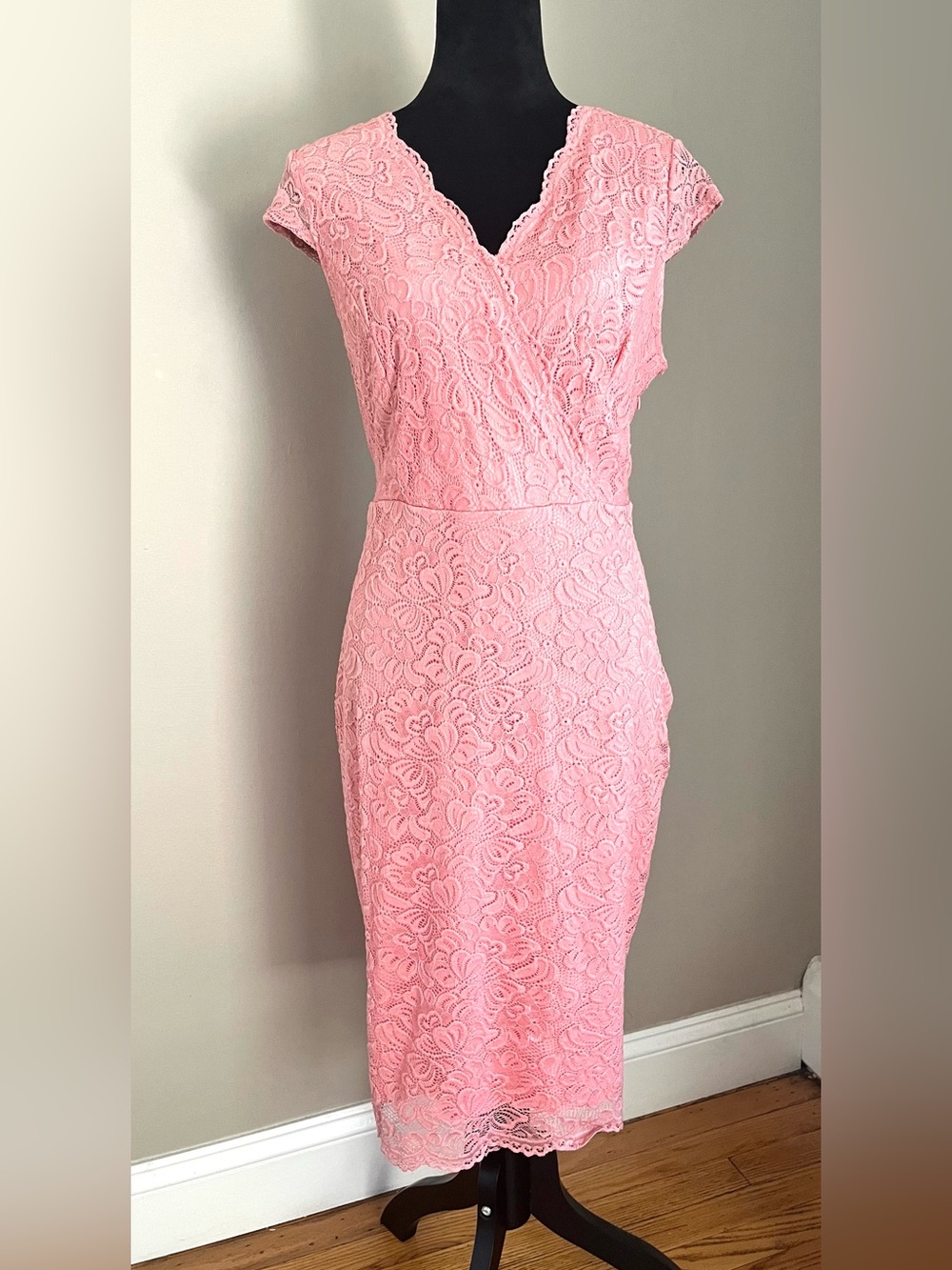 Floral Lace Midi in Coral Pink V-neck Wrap Top Dress sz XL - Picture 6 of 11